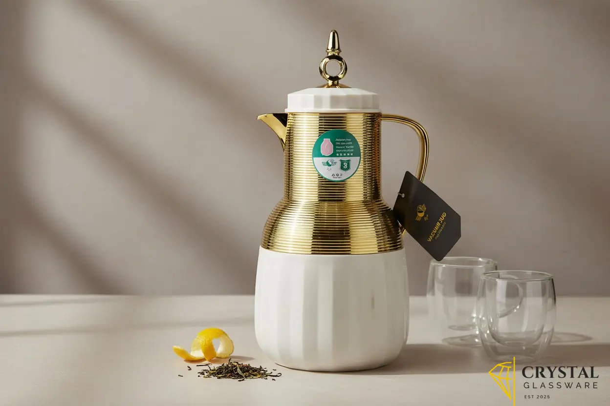 Vacuum flask featuring a gold-toned ribbed upper body and a white base with a decorative crown lid